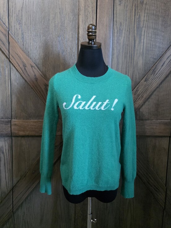 J. Crew Sweaters - J. Crew Cashmere Green Crewneck Sweater with White "Salut!" Script